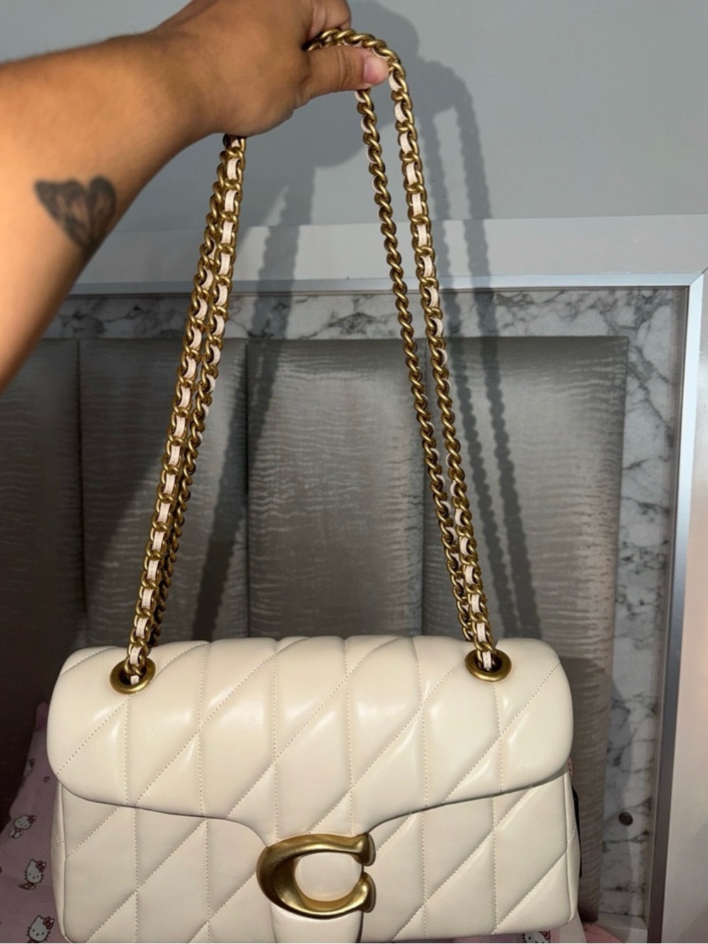 Coach Cream Quilted Shoulder Bag with Gold Chain and C Turn-Lock